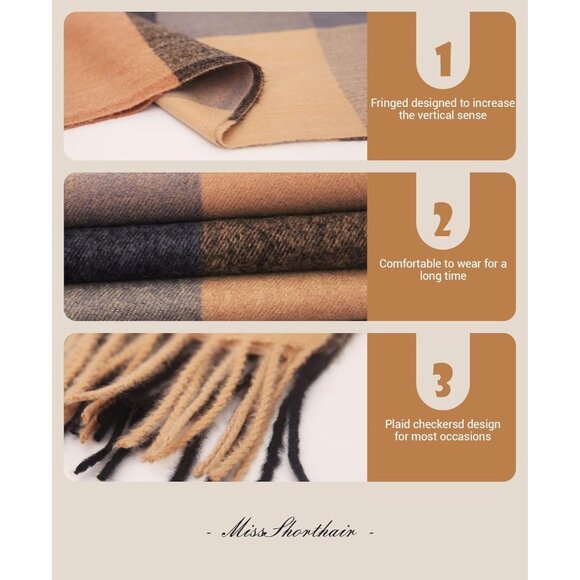 Women Brown Plaid Winter Warm Shawl Wraps Tartan Blanket Oversized Scarves - Picture 4 of 6